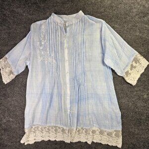 Happy Few Blouse Women XL Blue Button Front Embroidered Lace Trim Boho Tunic Top